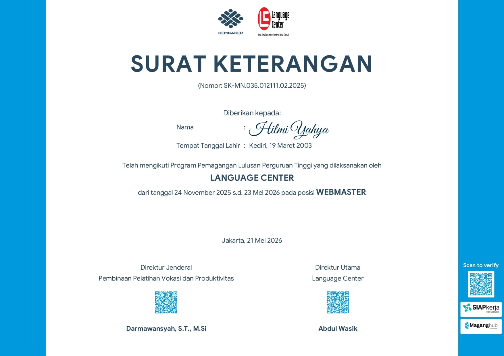 Kemnaker MagangHub Internship Certificate — Kampung Inggris Language Center