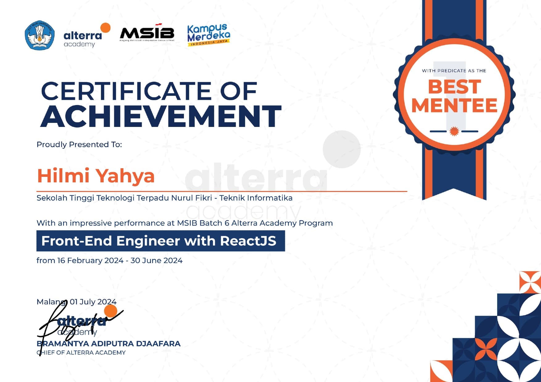 Best Mentee Certificate, Independent Study Batch 6, Alterra Academy